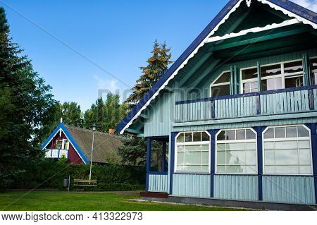August 17, 2017 Pervalka Village, Lithuania, Old Lithuanian Traditional Wooden House In The Village