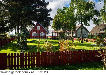 August 17, 2017 Pervalka Village, Lithuania, Old Lithuanian Traditional Wooden House In The Village