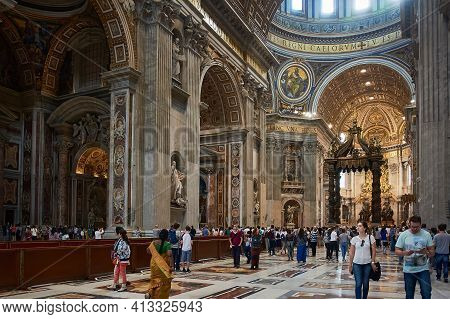 Vatican City, Vatican - May 17, 2017: Interior View Of The Basilica Of Saint Peter In The Vatican Wi