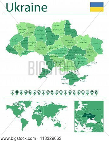 Ukraine Detailed Map And Flag. Ukraine On World Map.