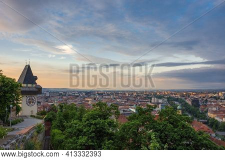 Cityscape Of Graz And The Famous Clock Tower (grazer Uhrturm) On Shlossberg Hill, Graz, Styria Regio