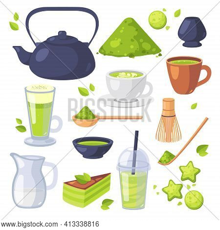 Japanese Ethnic And National Tea Ceremony. Collection Of Matcha Tea Products. Cartoon Vector Set. Fl