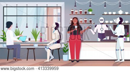 Modern Robots And People In Coffee Shop Artificial Intelligence Technology Concept Modern Cafe Inter