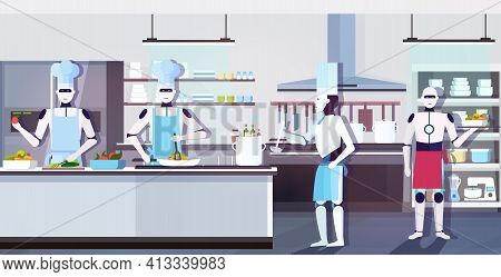 Modern Robots Chefs Cooking Dishes Robotic Cooks Preparing Food Artificial Intelligence Technology C