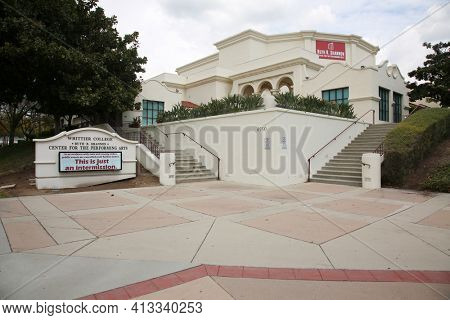 March 12, 2021 - Whittier, California: Whittier College. Center for the Performing Arts Building. Closed due to Coronavirus Pandemic. Editorial Use Only. 