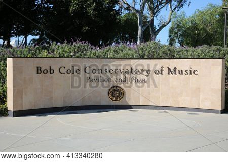 March 15, 2021- Long Beach, California: Sign for the Bob Cole Conservatory of Music Pavilion and Plaza at the California State University, Long Beach. Editorial Use Only.