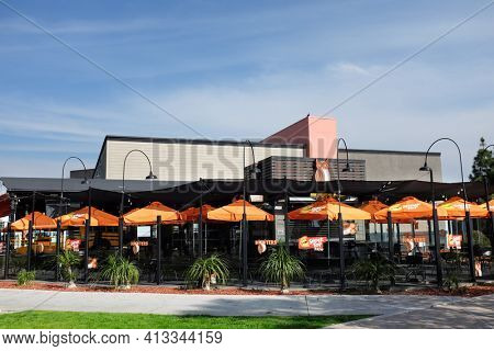 LONG BEACH, CALIFORNIA - JAN 30, 2019: Hooters Restaurant in Shoreline Village near the Convention Center and Aquarium of the Pacific.