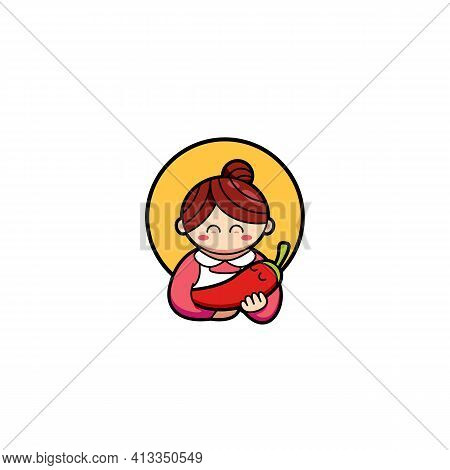 Momy Mom Chilli Lover Logo With Cute Mother Mascot Character As Babysitter Carry Spicy Chilli Baby