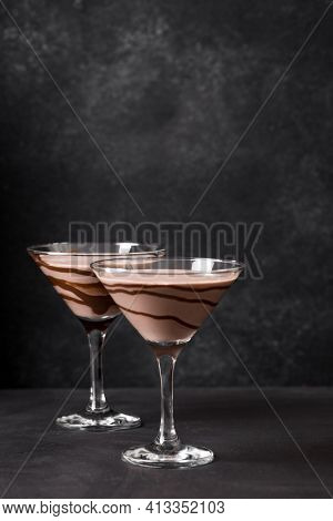Chocolate Martini Cocktail On Dark Background, Copy Space. Mudslide Truffletini Cocktail.