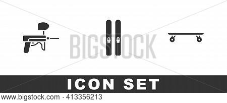 Set Paintball Gun, Ski And Sticks And Longboard Or Skateboard Icon. Vector