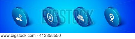 Set Isometric Hand Holding Flower, Wooden Logs, Location With And Shield Leaf Icon. Vector