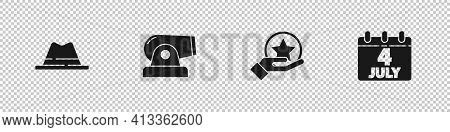 Set Man Hat With Ribbon, Cannon, Usa Independence Day And Calendar Date July 4 Icon. Vector