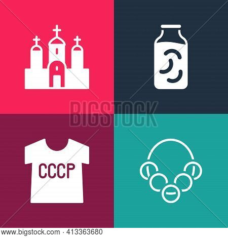 Set Pop Art Russian Bagels, Ussr T-shirt, Pickled Cucumbers In Jar And Church Building Icon. Vector