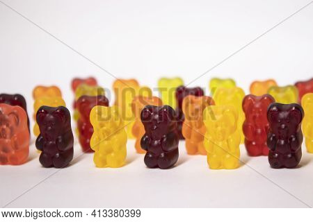 Colourful Sweet Gummy Bears Isolated On White Background.