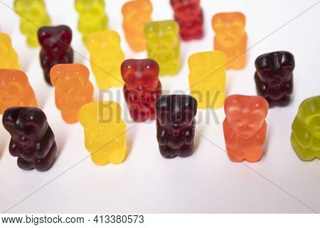 Colourful Sweet Gummy Bears Isolated On White Background.
