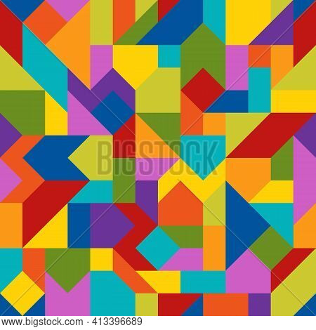 Abstract Geometric Colorful Seamless Pattern Of Angled Figures. Bright Continuous Background Of Chee