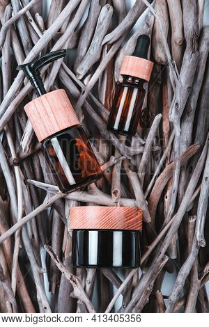 Top View Of Glass Bottles Containers Blank Mockup For Skincare Beauty Cosmetic Products For Body Or 
