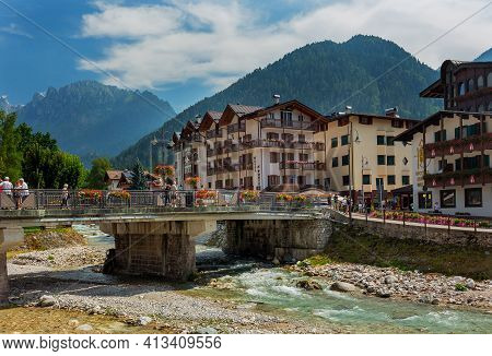 20 August 2019- Fiera Di Primiero, Pale Di San Martino. Village With Dolomite Peaks In Val Di Primie