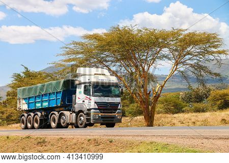 Nakuru County, Kenya - January 31, 2021: Semi-trailer Dump Truck Mercedes-benz Axor At The Interurba