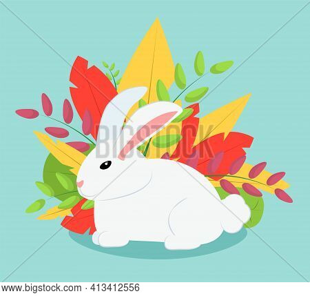 White Hare On A Background Of Flowers And Leaves. Bright Illustration On The Theme Of Spring And Hap
