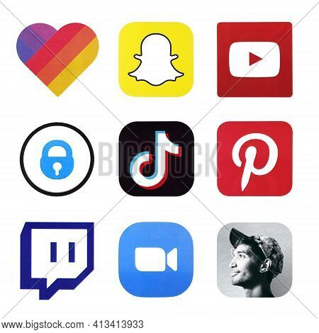 Kharkov, Ukraine - February 24, 2021: Many Icons Of Popular Social Networks And Messengers Printed O