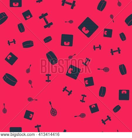 Set Tennis Racket, Dumbbell, Hockey Puck And Bathroom Scales On Seamless Pattern. Vector