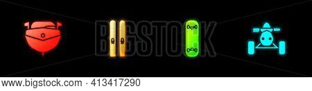 Set Speedboat, Ski And Sticks, Skateboard Trick And Atv Motorcycle Icon. Vector
