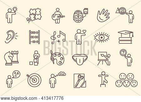 Large Set Of Line Drawn Icons Depicting Cognitive Abilities And Preschool Development Of Children Sh