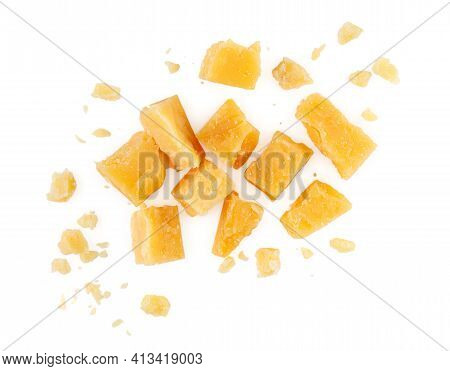 Heap Of Hard Cheese Parmesan Isolated On A White Background. Close Up. Top View.