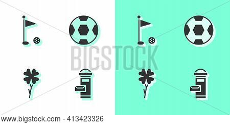 Set London Mail Box, Golf Flag, Four Leaf Clover And Football Ball Icon. Vector