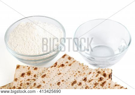 Jewish Matzah On White Background. Jewish Traditional Passover Bread. Pesach Celebration Symbol. Clo