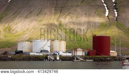 Isafjordur, Iceland - July 7, 2014: The Industrial Harbour And Buildings In The Isafjordur City In I