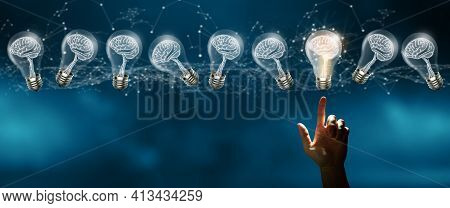 Businessman Fingertip On Light Bulbs With Brain Inside And Glowing One Different Idea. Creative And 