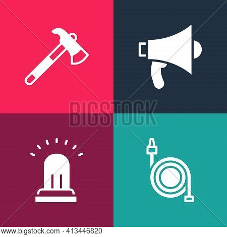Set Pop Art Fire Hose Reel, Ringing Alarm Bell, Megaphone And Firefighter Axe Icon. Vector