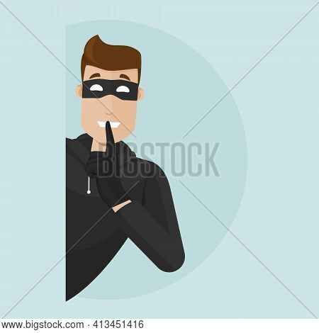 The Thief Peeks Out From Around The Corner. He Holds His Finger To His Mouth As A Sign Of Silence.