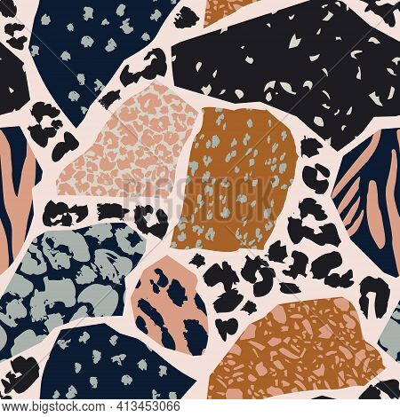 Unusual Cut Outs With Animal Skin Seamless Pattern. Leopard`s Spotted Fur Texture And Geometric Shap