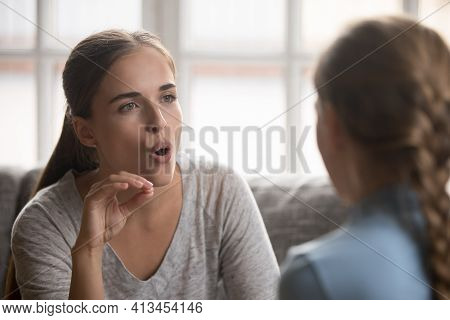 Caring Mom Teacher Small Kid Pronouncing Sounds
