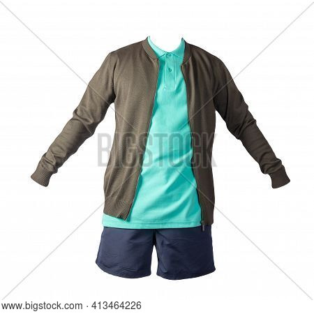 Men's  Dark Green Knitten Bomber Jacket, Green  Shirt And Dark Blue Sports Shorts Isolated On White 