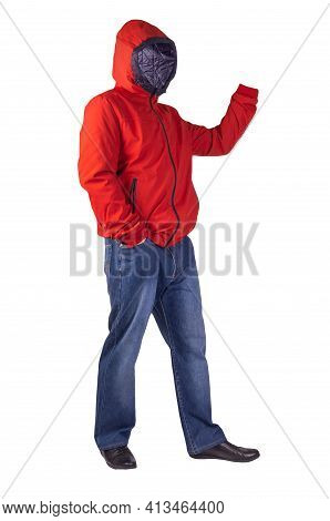 Dark Blue Jeans, Black Leather Shoes,red Jacket With A Hood Isolated On White Background. Casual Sty