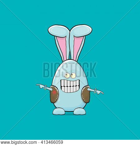 Easter Bunny Badass And Funny Cartoon Character With Bunny Ears Isolated On Blue Background. Rock N 