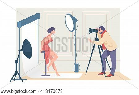 Cartoon Photographers Shooting Model. Man Taking Pictures With Professional Camera And Light Equipme
