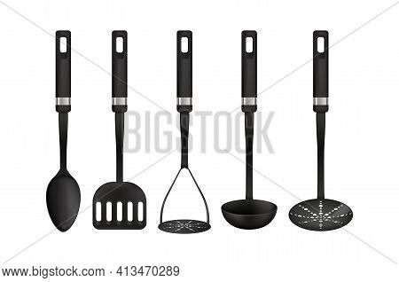 Cooking Tools. 3d Realistic Utensil. Types Set Of Household Appliances For Preparing Food. Black Spo
