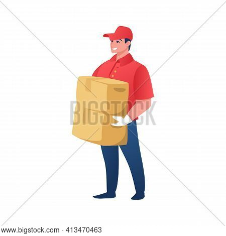 Delivery Worker. Cartoon Courier With Parcels. Strong Employee Of Shipping Service Holding Cardboard