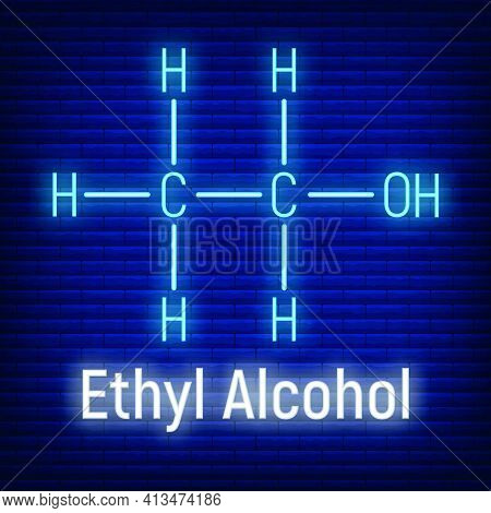 Ethyl Spirit Alcohol Glow Neon Style Concept Chemical Formula Icon Label, Text Font Vector Illustrat