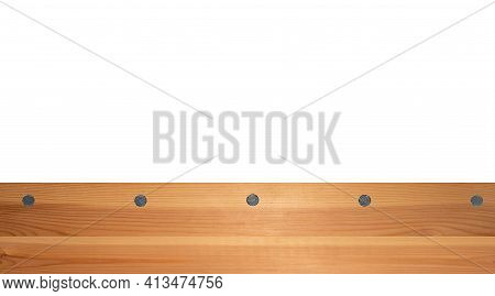 Top View Light Wood Texture Surface With Natural Pattern And Metal Nail Heads Or Hats. Wooden Pine B