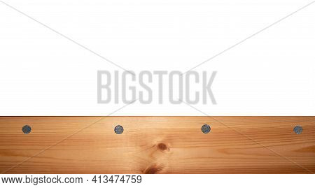 Top View Light Wood Texture Surface With Natural Pattern And Metal Nail Heads Or Hats. Wooden Pine B