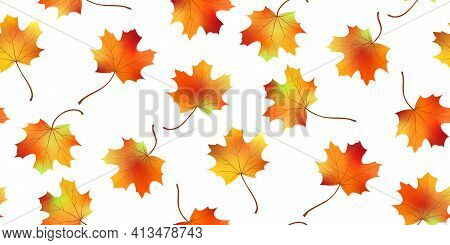 Seamless Pattern Bright Colorful Maple Autumn Foliage Isolated On White Background. Graphic Design A
