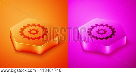 Isometric Bicycle Cassette Mountain Bike Icon Isolated On Orange And Pink Background. Rear Bicycle S