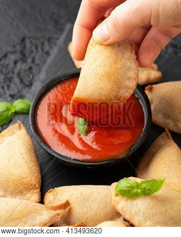 Margarita Margherita Pizza Parcels Pockets Filled With Tomato, Mozzarella Cheese And Basil Served On