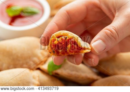 Margarita Margherita Pizza Parcels Pockets Filled With Tomato, Mozzarella Cheese And Basil Served On